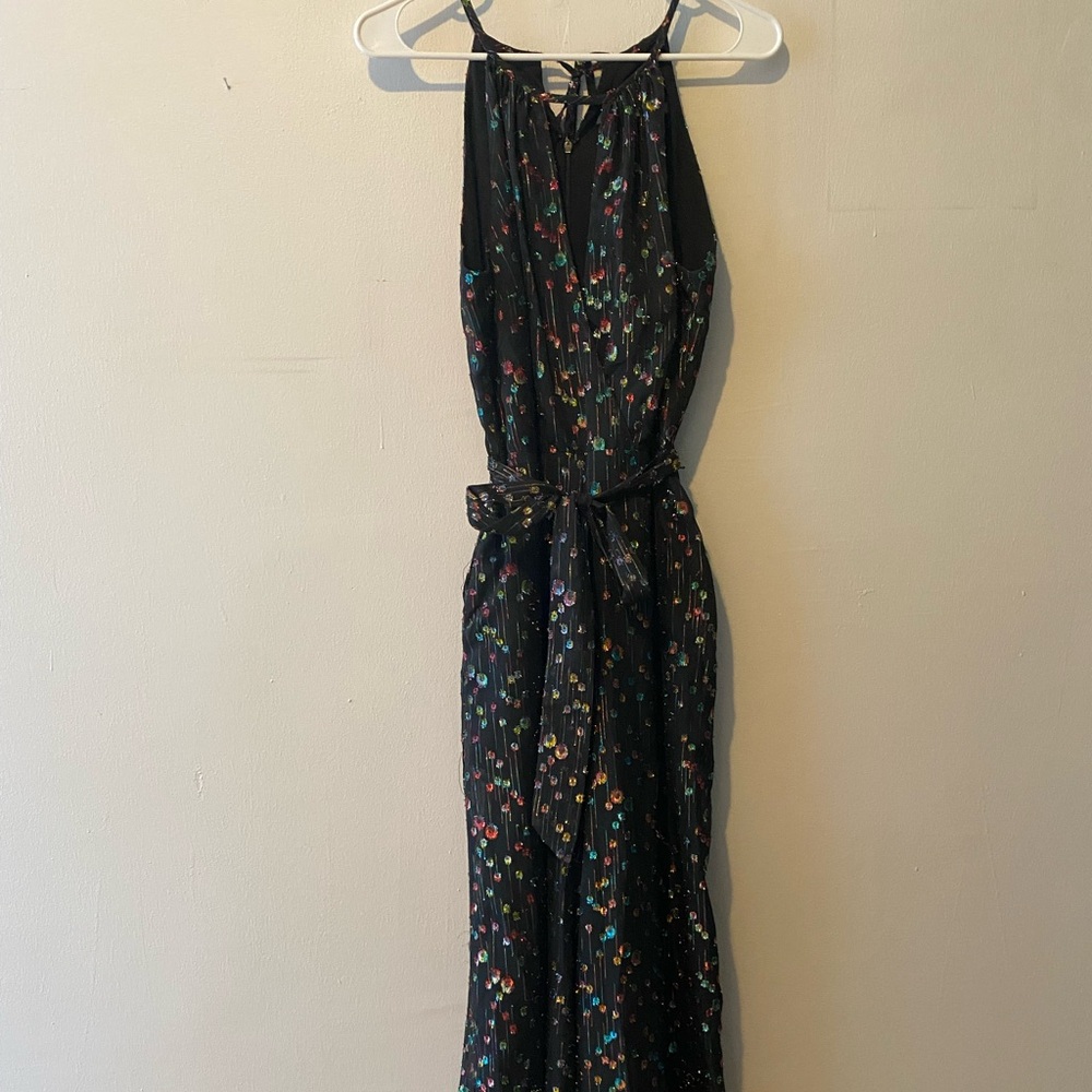 Anthropologie Black Jumpsuit with Colorful Metallic Accents